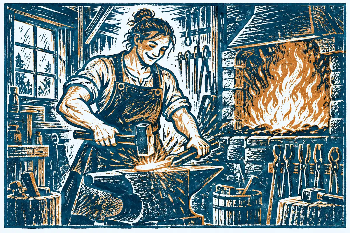 Kräftige Figur arbeitet zufrieden in einer Werkstatt, Funken erhellen ihr Gesicht
