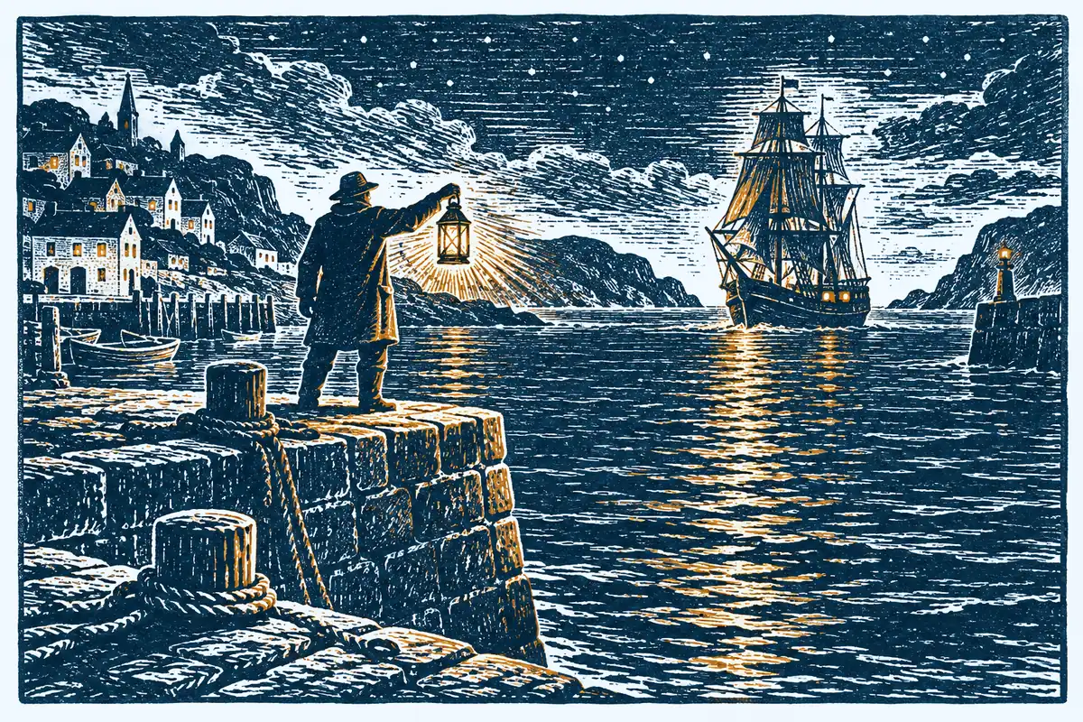 Figur mit Laterne am Hafenrand weist einem Schiff im Dunkeln den Weg