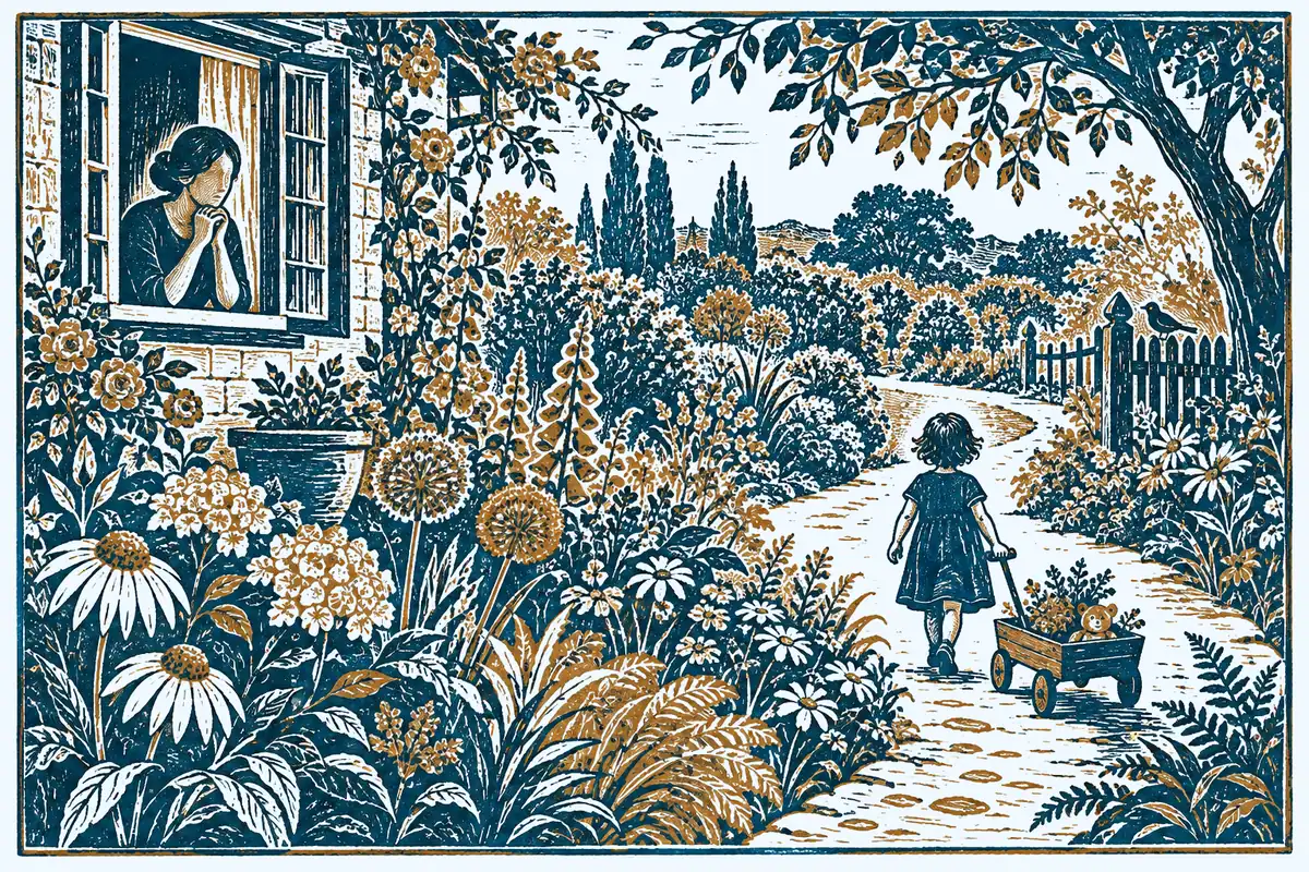 Kind zieht auf eigenem Weg einen Wagen durch den Garten, ein Elternteil sieht vom Fenster zu