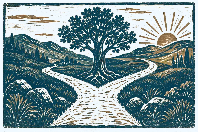 Inner authority in Human Design: linocut of a forked path with a firmly rooted tree