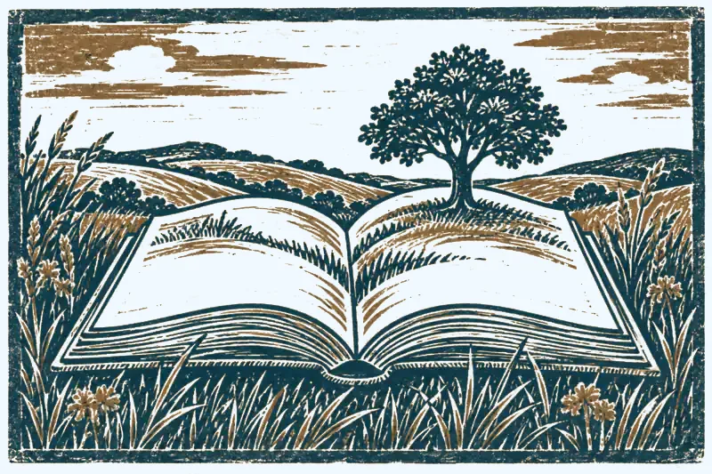 Human Design glossary: linocut of an open book growing into a landscape