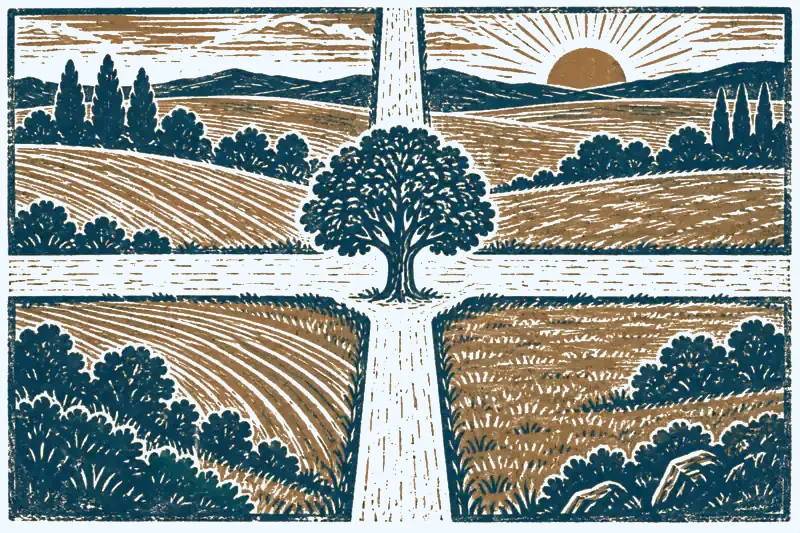 Human Design incarnation crosses: linocut of four paths crossing at a tree