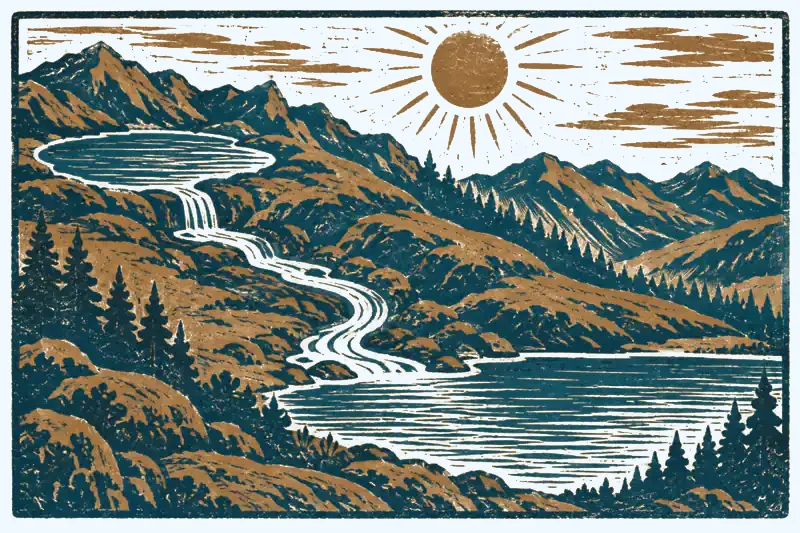 The 36 Human Design channels: linocut of a river connecting two mountain lakes