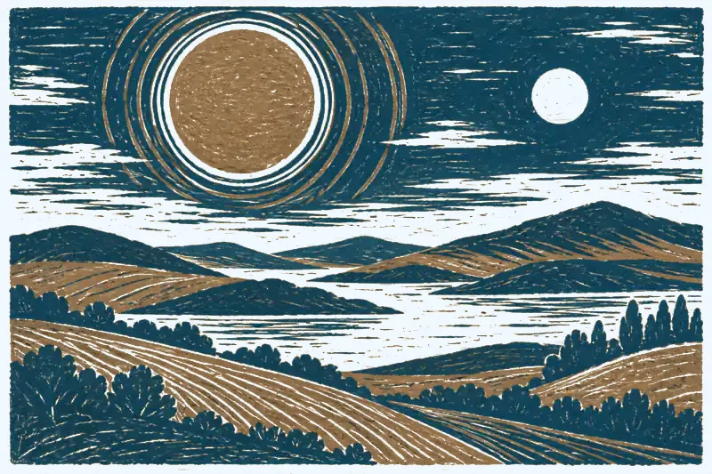 The planets in Human Design: linocut of a landscape under sun and moon