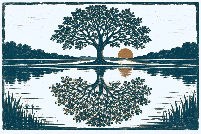 The 12 Human Design profiles: linocut of a tree and its reflection, conscious and unconscious line