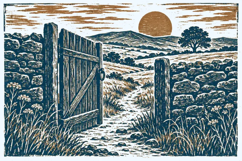 The 64 Human Design gates: linocut of an open garden gate in a dry stone wall