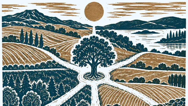 Human Design Inkarnationskreuz-Reading: Linolschnitt von vier Wegen, die sich an einem Baum kreuzen