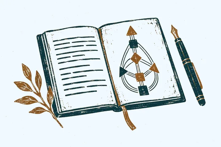 Linocut: an open personal report with a bodygraph, next to a fountain pen